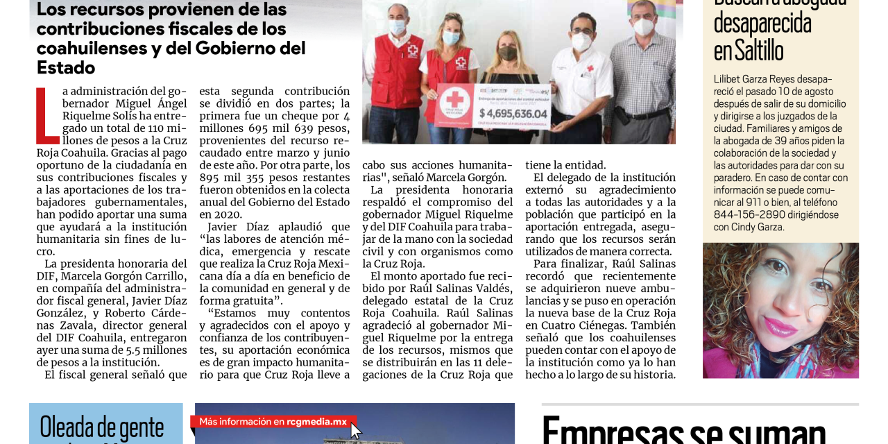 Portada [15 de agosto de 2021] Entregan más de 110 mdp a la Cruz Roja; empresas se suman a grupos de WhatsApp y más…