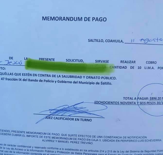 Primera multa en Saltillo por no usar cubrebocas
