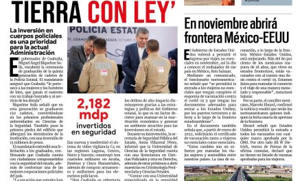 Portada [14 de octubre de 2021] ‘Coahuila es una tierra con ley’; en noviembre abrirá frontera México-EE.UU., y más…