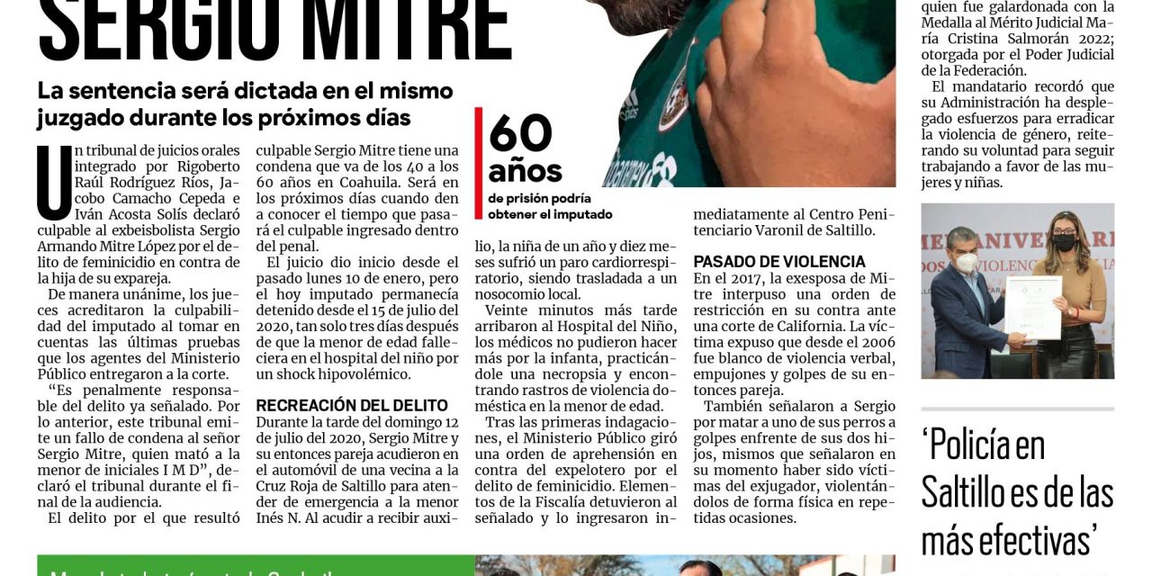 Portada [20 de enero de 2022]Declaran culpable a Sergio Mitre; Llevarán a Torreón al siguiente nivel y más…