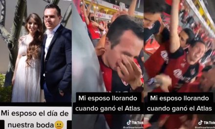 Comparte reacción de su esposo el día de su boda y del campeonato del Atlas y se vuelve viral (video)