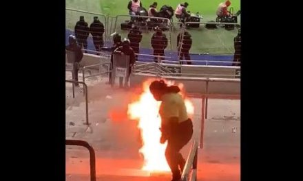 Seguridad del estadio BBVA intenta apagar incendio en gradas… y lo hace más grande (video)