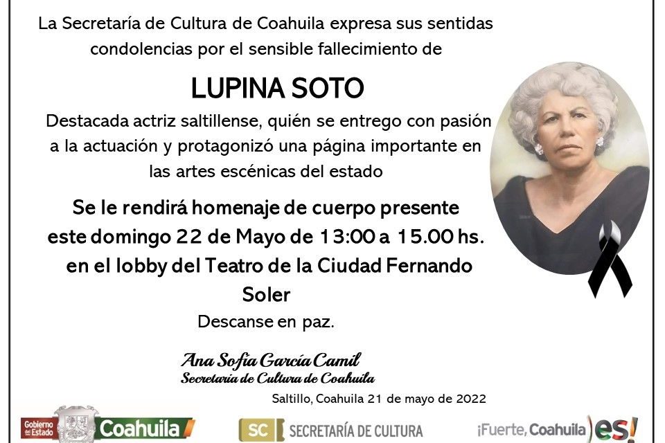 Secretaría de Cultura lamenta el deceso de la actriz Lupina Soto