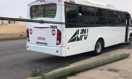Transporte de personal derriba poste de madera en Saltillo