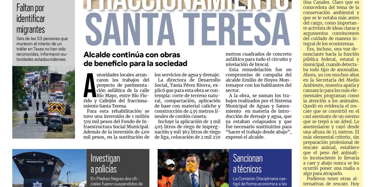 Portada Región Fronteriza [7 de julio de 2022] Modernizan el fraccionamiento Santa Teresa; Licitan servicio de recolección de basura en Acuña y más…