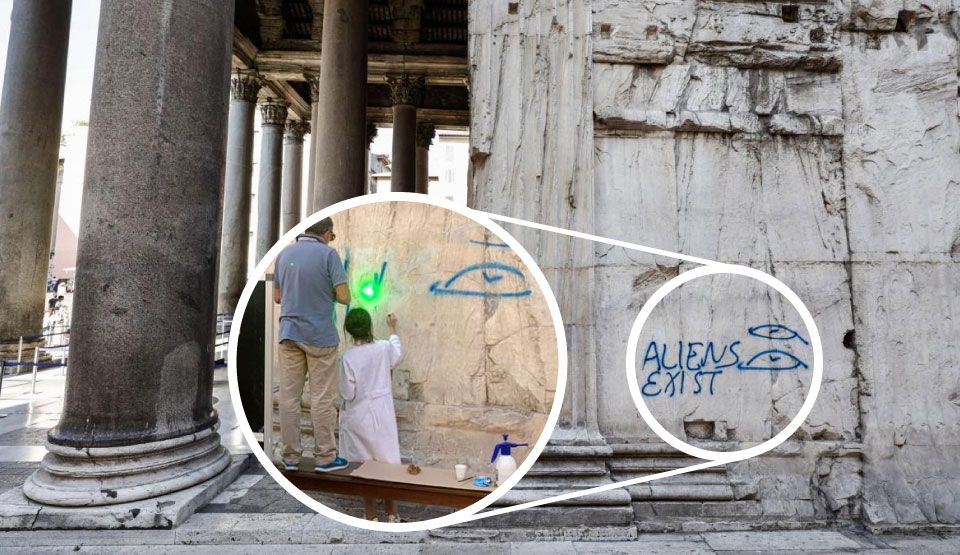 Con láser borran ‘la imbecilidad’ de grafiti en Panteón de Roma; decía: ‘Los aliens existen’ (video)