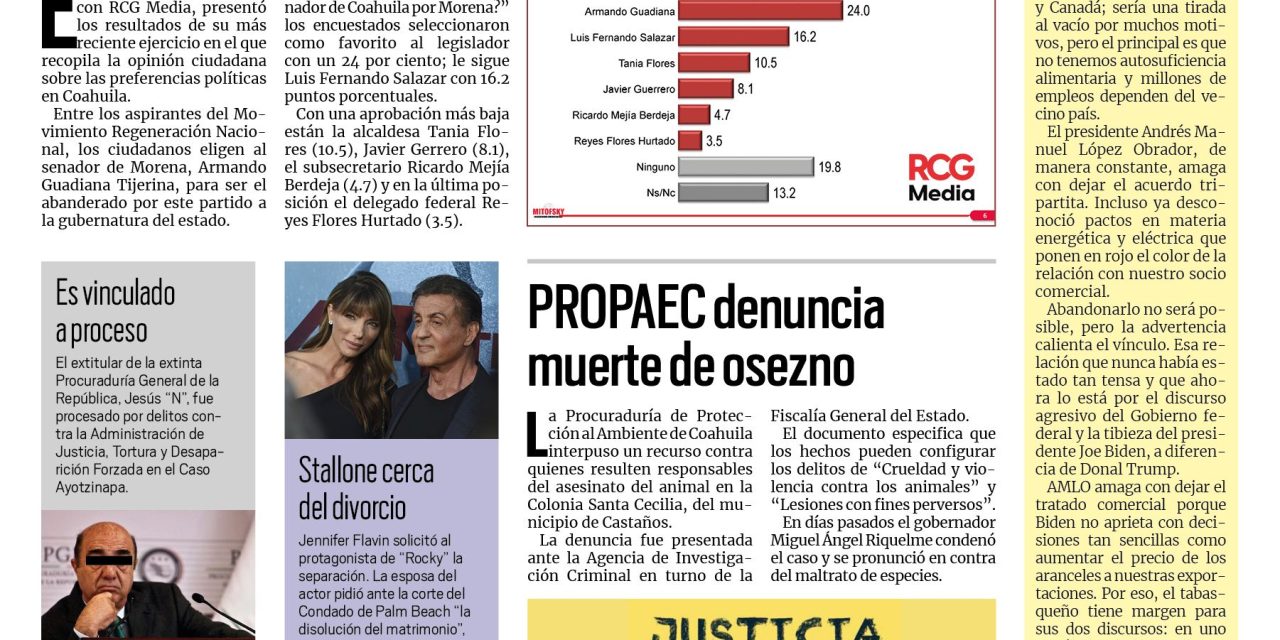 Portada Región Centro [25 de agosto de 2022] PROPAEC denuncia muerte de osezno; liderea Guadiana interna de Morena rumbo al 2023, en Coahuila; y más…