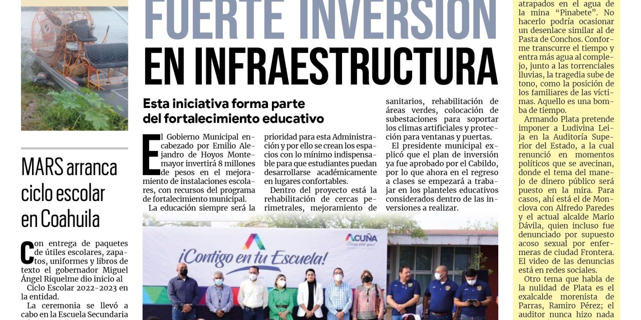 Portada Región Fronteriza [16 de agosto de 2022] Acuña hace fuerte inversión en infraestructura en Educación; Continúan los festejos del mes del adulto mayor; y más…
