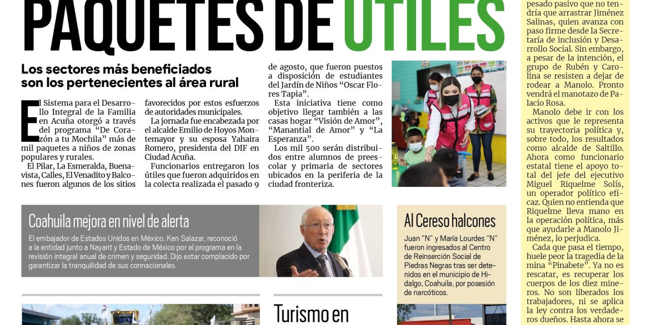 Portada Región Fronteriza [18 de agosto de 2022] Cumple Gobierno de Acuña a los vecinos de la San Antonio; Entregan mil 500 paquetes de útiles escolares en Acuña;y más…