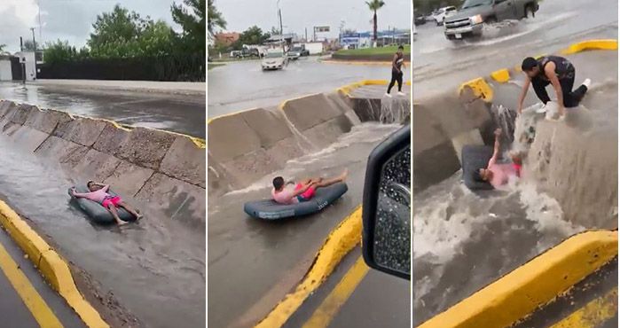Quería divertirse pero la corriente se lo llevó; circula video de hombre paseando en inflable de arroyo en Nuevo León
