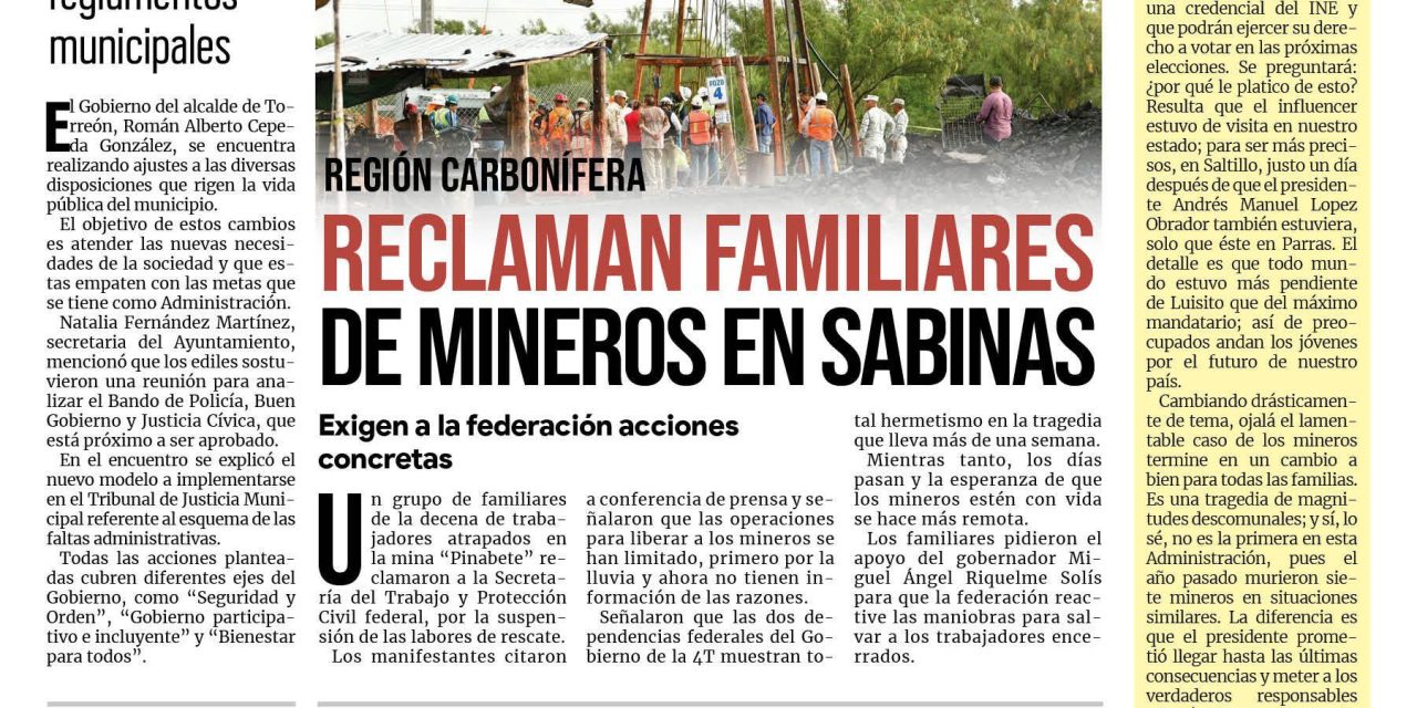 Portada Región Lagunera [14 de agosto de 2022] Modernizan reglamentos municipales en Torreón; y más…