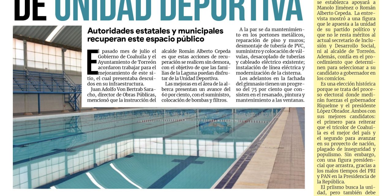 Portada Región Lagunera [24 de agosto de 2022] Avanza rescate de Unidad Deportiva en Torreón; Alertan por práctica de sexting; y más…