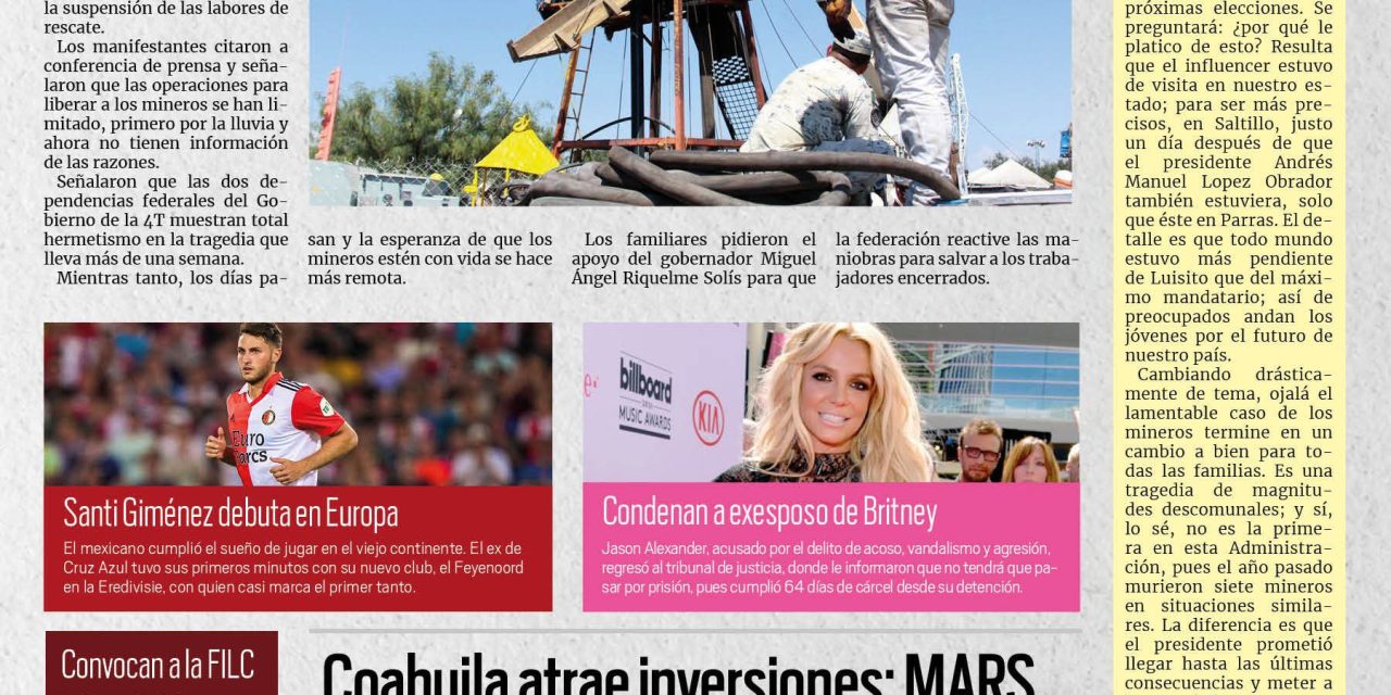 Portada RCG MEDIA [14 de agosto de 2022] Reclaman familiares de mineros; Coahuila mantiene atracción de inversiones; y más…
