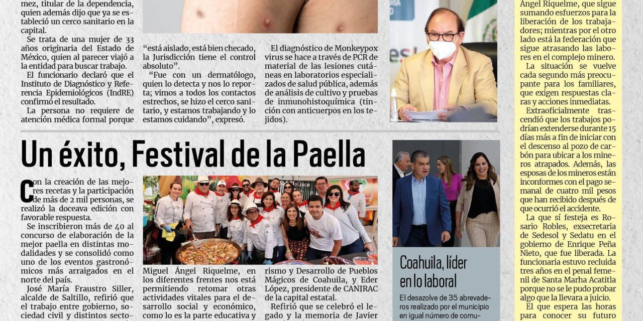 Portada RCG MEDIA [20 de agosto de 2022] Confirman caso de viruela símica en Saltillo; Todo un éxito Festival de la Paella y más…