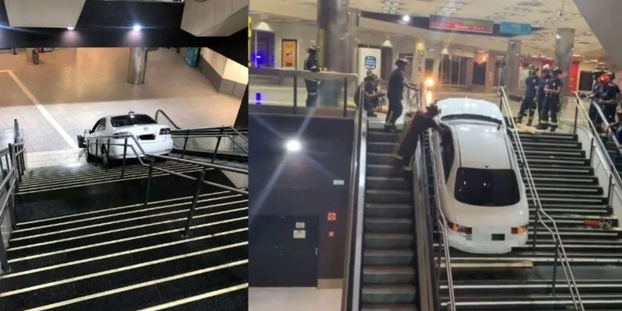 Hombre drogado roba un auto y se atora en escaleras cuando escapaba (video)