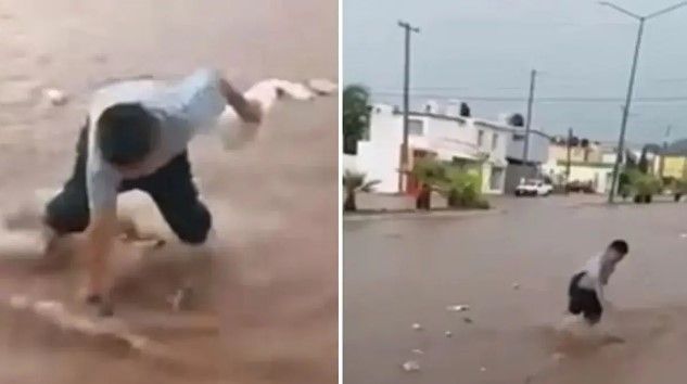 Niño tendrá problemas con su mamá: Sacrifica las tortillas para salvar sus chanclas de la corriente (video)