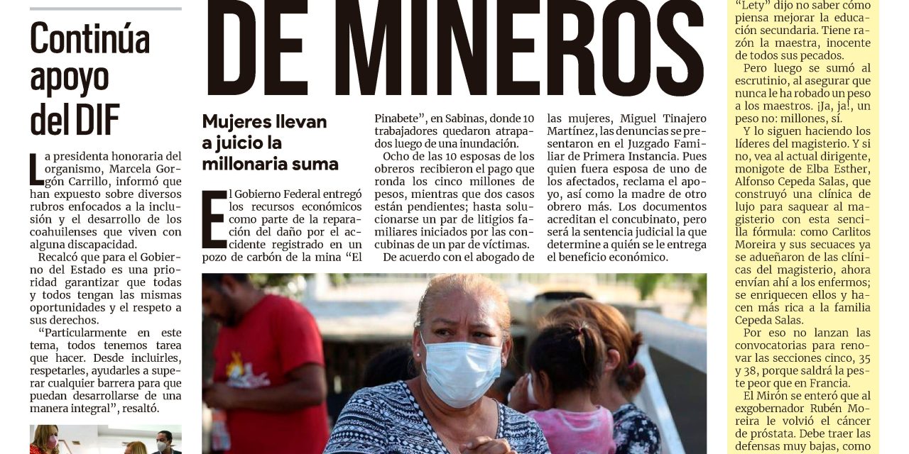 Portada Región Centro [12 de septiembre de 2022] Indemnizan a familiares de mineros; Continúa apoyo del DIF y más…
