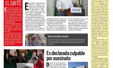 Portada Región Centro [16 de septiembre de 2022] Alcalde se ‘embolsa’ 4mdp en Frontera; Es declarada culpable por asesinato en Coahuila; y más…