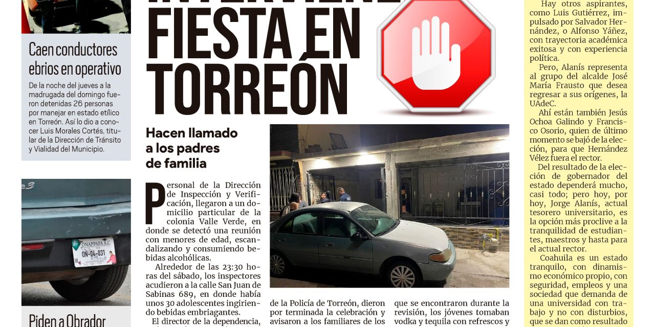 Portada Región Lagunera [5 de septiembre de 2022]Intervienen fiesta en Torreón; Certifican a repartidores y más…