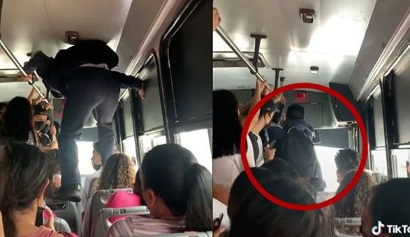 Joven tiene que caminar sobre los asientos del autobús para bajarse del camión (video)