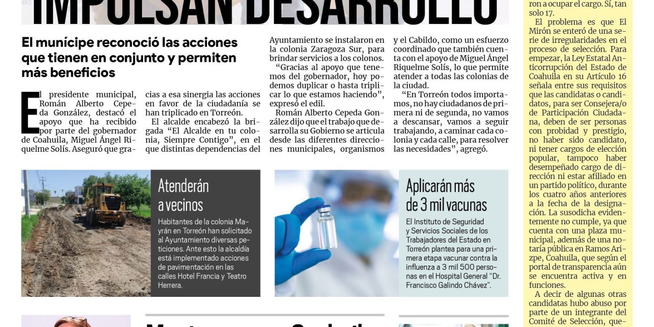Portada Región Lagunera [7 de octubre de 2022] Román Cepeda y MARS impulsan desarrollo en Torreón; Seguridad en escuelas compete a todos: Román Cepeda; y más…