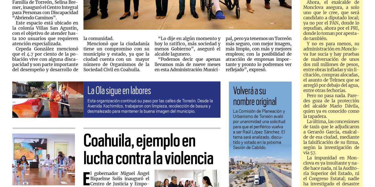 Portada Región Lagunera [12 de octubre de 2022] Alcalde de Torreón inaugura centro ‘Abriendo Caminos’; Ofrece Salud Municipal servicios de rehabilitación física en Torreón; y más…