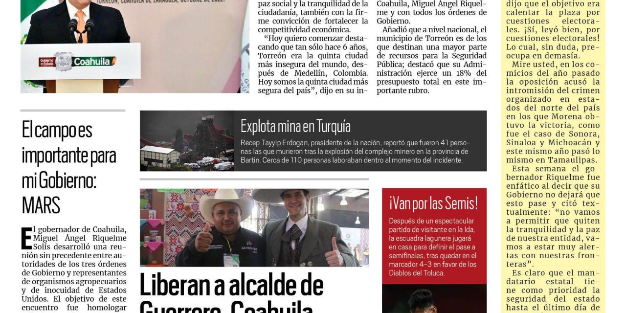 Portada Región Lagunera [16 de octubre de 2022] Torreón es la quinta ciudad más segura, destaca alcalde; Hoy es la ‘Expo Felina 2022’ en Torreón; y más…