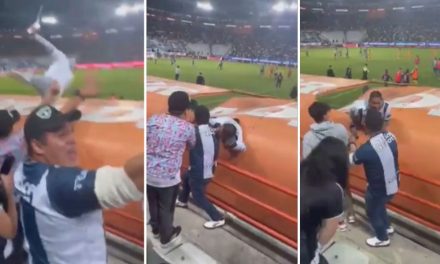 ¡Qué ‘lanzado’! Aficionado del Pachuca se avienta por la emoción a la banca y cae sobre jugadores (video)