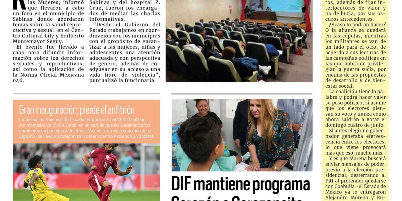 Portada Región Carbonífera [21 de noviembre de 2022] ICM realiza foro sobre salud sexual; atienden a ciudadanos por frío y más…