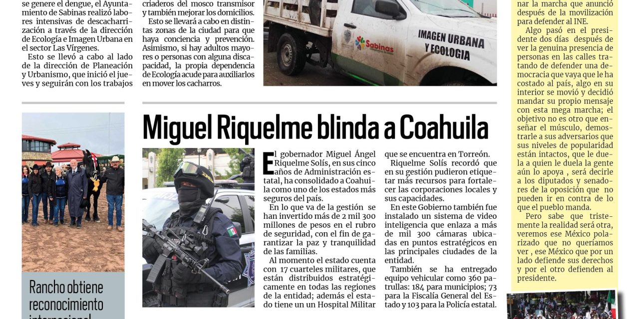 Portada Región Carbonífera [27 de noviembre de 2022] Descacharrizan en colonia Las Vírgenes en Sabinas; Miguel Riquelme blinda a Coahuila y más…