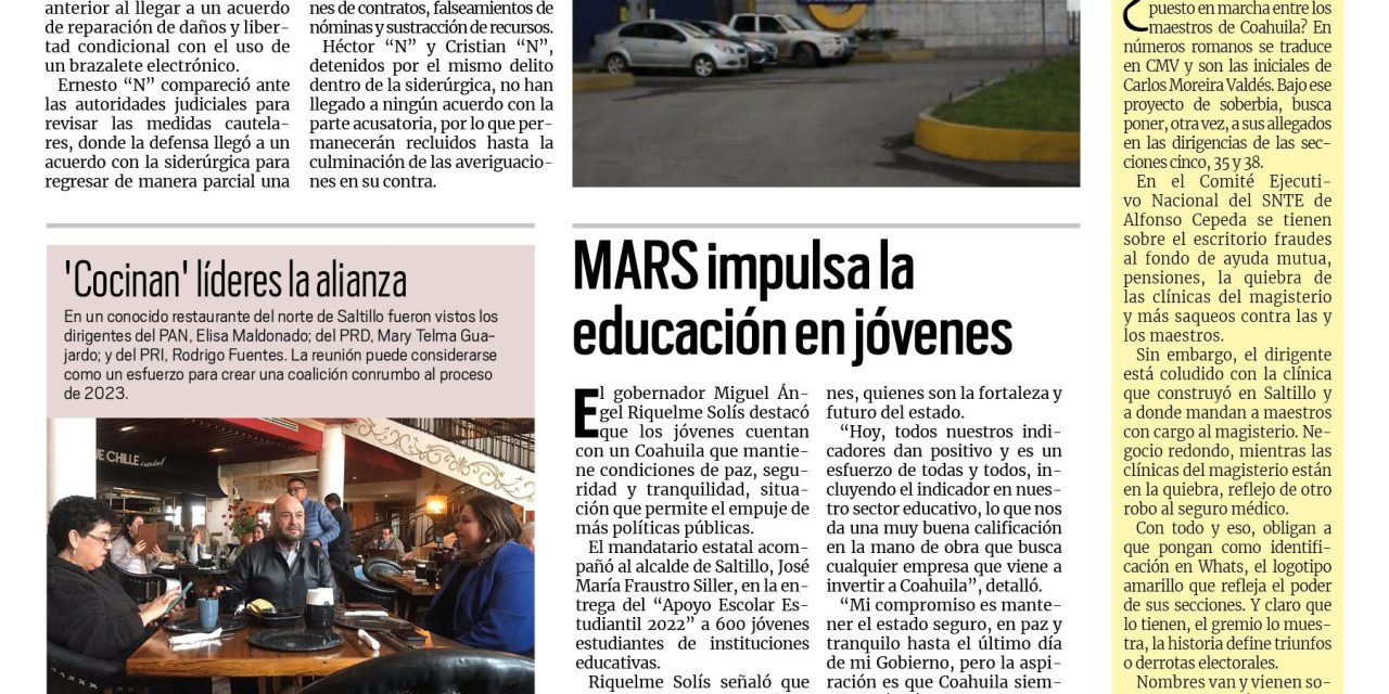 Portada Región Centro [17 de noviembre de 2022] Queda libre un imputado del caso AHMSA; dejan la región por mejores oportunidades y más…