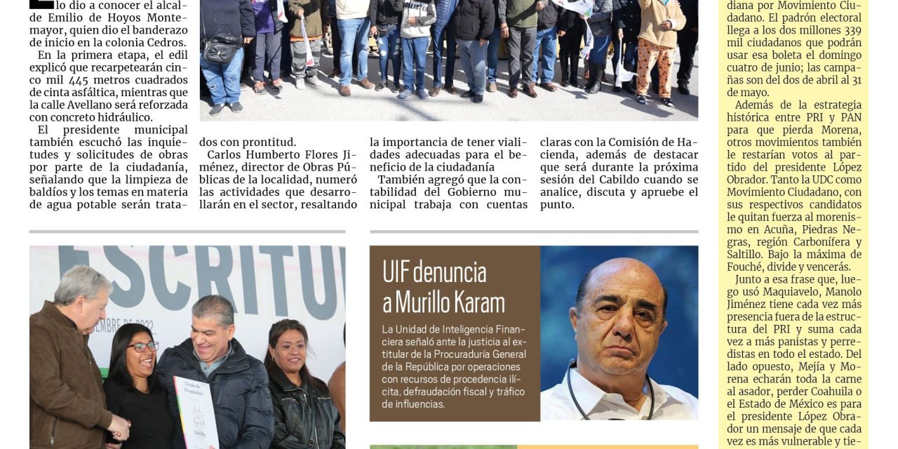 Portada Región Fronteriza [16 de noviembre de 2022] Inician obras de pavimentación en Acuña; UDC tendrá candidato propio rumbo al 2023; y más…
