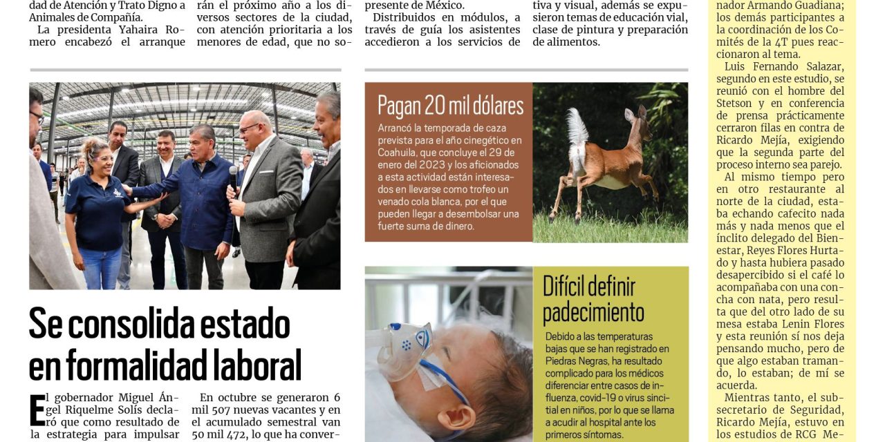 Portada Región Fronteriza [19 de noviembre de 2022] Jornada ‘Va por los Niños’; Se consolida estado en formalidad laboral y más…