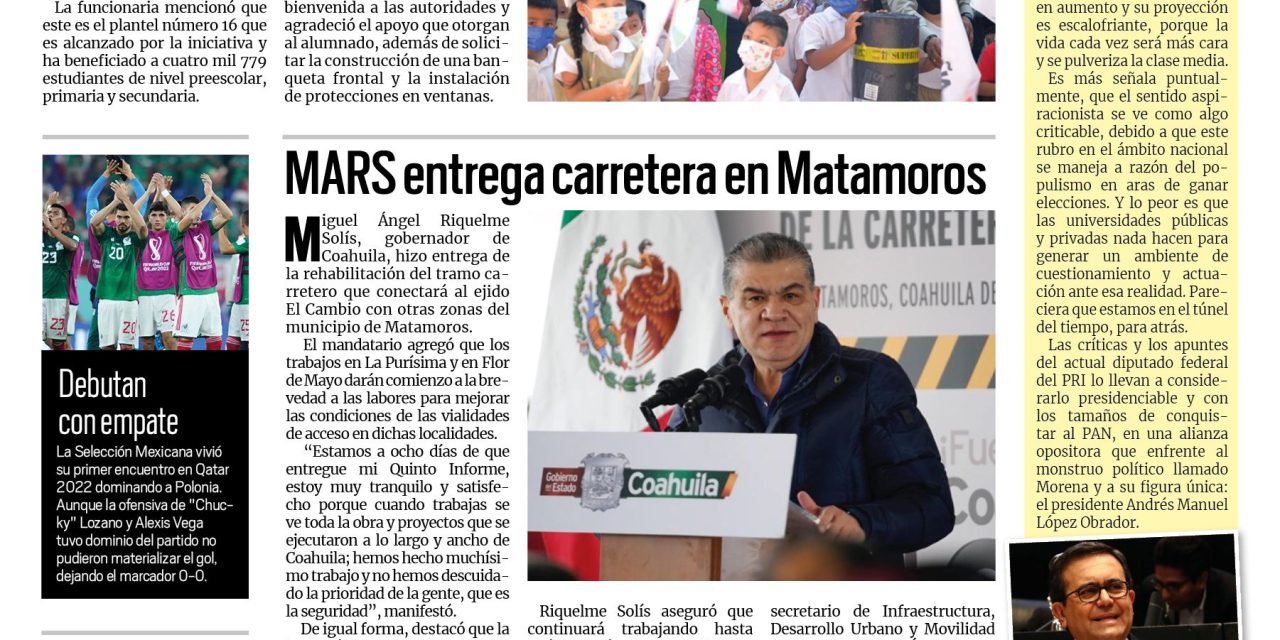 Portada Región Fronteriza [23 de noviembre de 2022] Benefician a alumnos con Contigo en tu Escuela; se preparan para recibir el invierno y más…