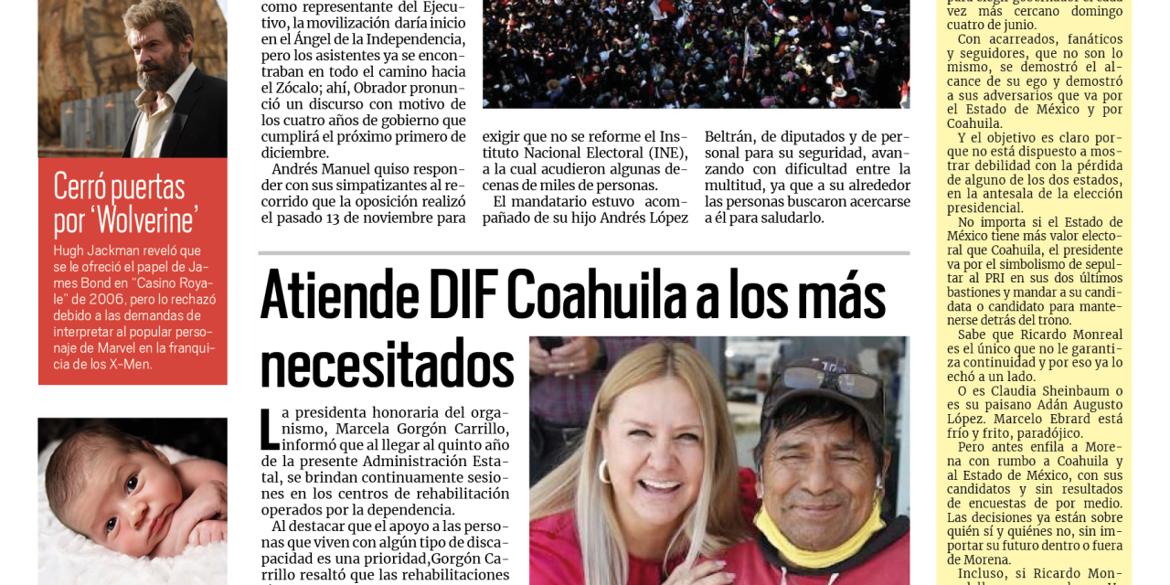 Portada Región Fronteriza [28 de noviembre de 2022] Marchan simpatizantes con AMLO en la CDMX; entrega alcalde apoyos a adultos mayores y más…