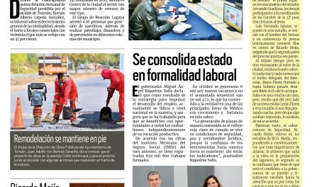 Portada Región Lagunera [19 de noviembre de 2022] Disminuye en Torreón la incidencia del robo; Se consolida estado en formalidad laboral  y más…