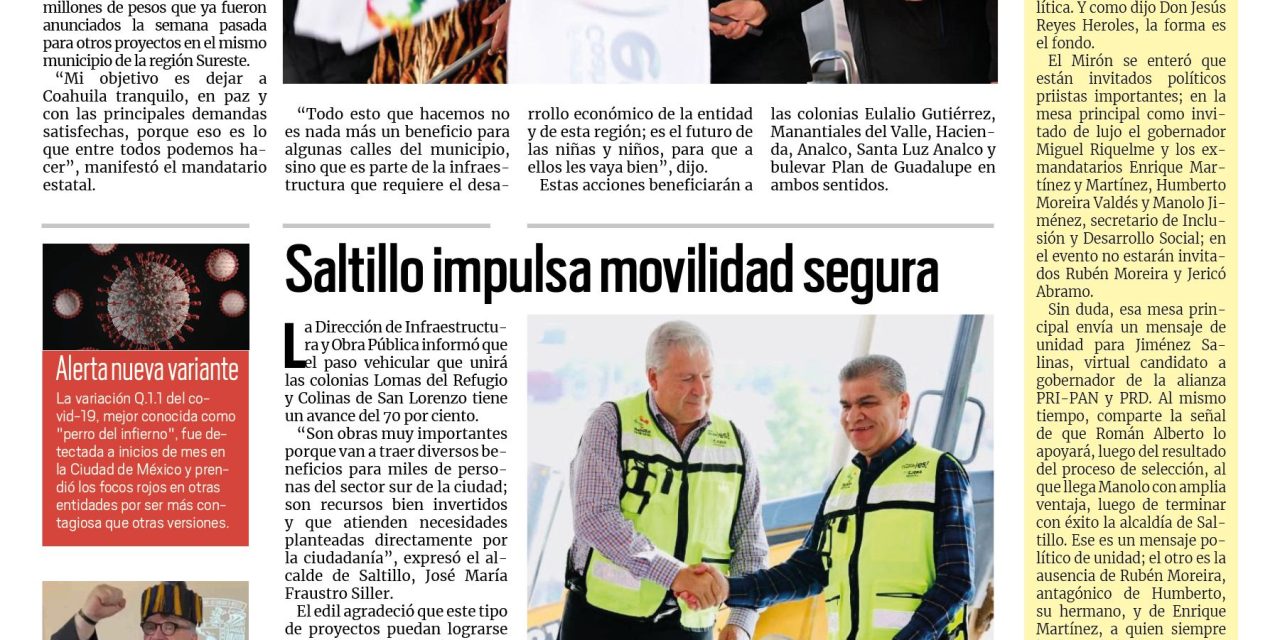Portada RCG MEDIA [18 de noviembre de 2022] MARS y Chema Morales impulsan obras viales; Saltillo impulsa movilidad segura; Manolo comparte modelo exitoso en Harvard y más…
