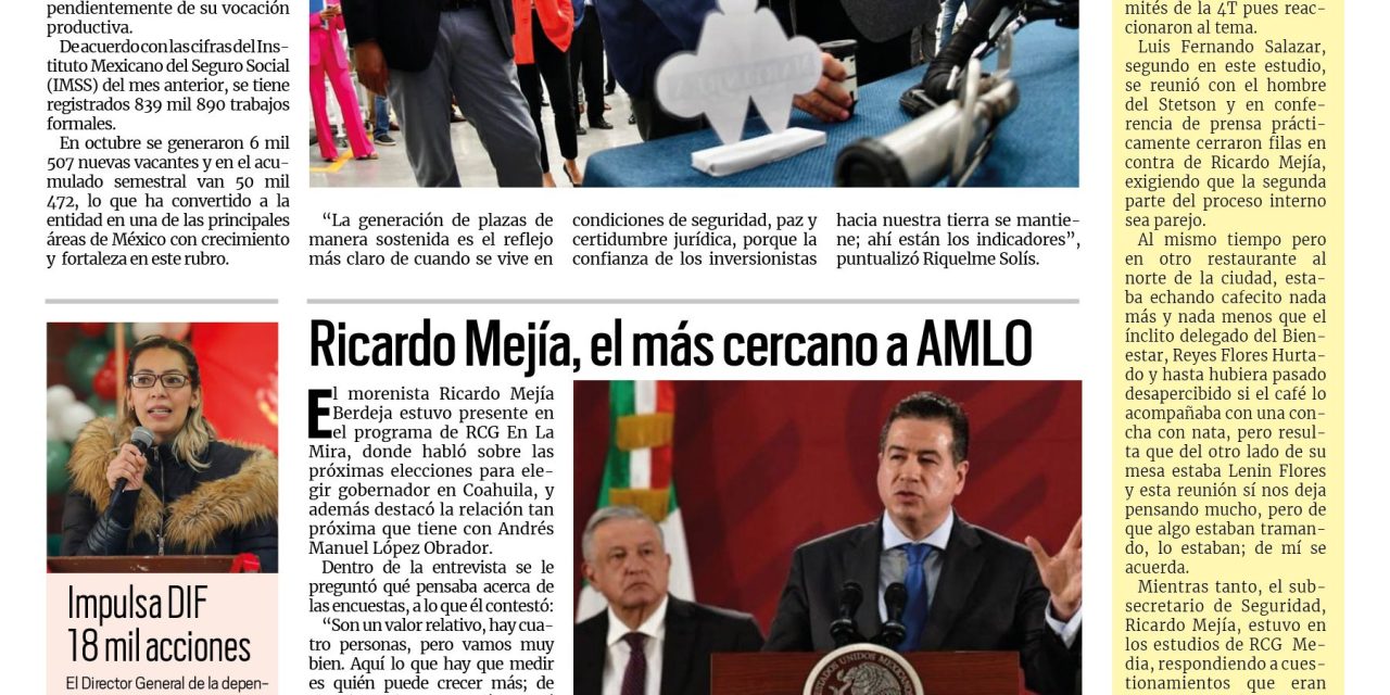 Portada RCG MEDIA [19 de noviembre de 2022] Se consolida estado en formalidad laboral; Ricardo Mejía, el más cercano a AMLO y más…