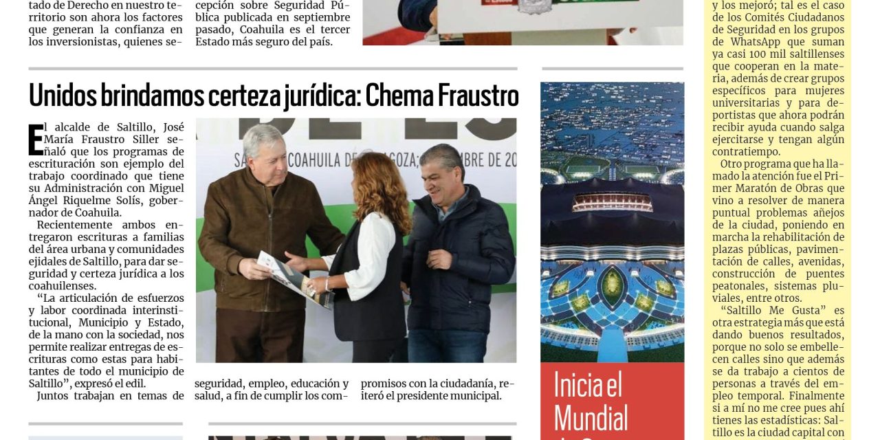 Portada RCG MEDIA [20 de noviembre de 2022] Coahuila cuenta con corporaciones capacitadas: MARS; Unidos brindamos certeza jurídica: Chema Fraustro; y más….
