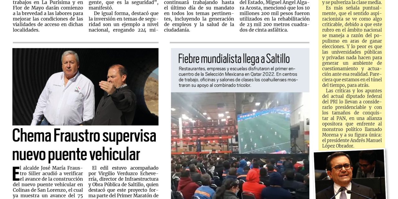 Portada RCG MEDIA [23 de noviembre de 2022] MARS entrega carretera en Matamoros; Chema Fraustro supervisa nuevo puente vehicular; Mejorando Ando llega a su recta final en Coahuila y más…