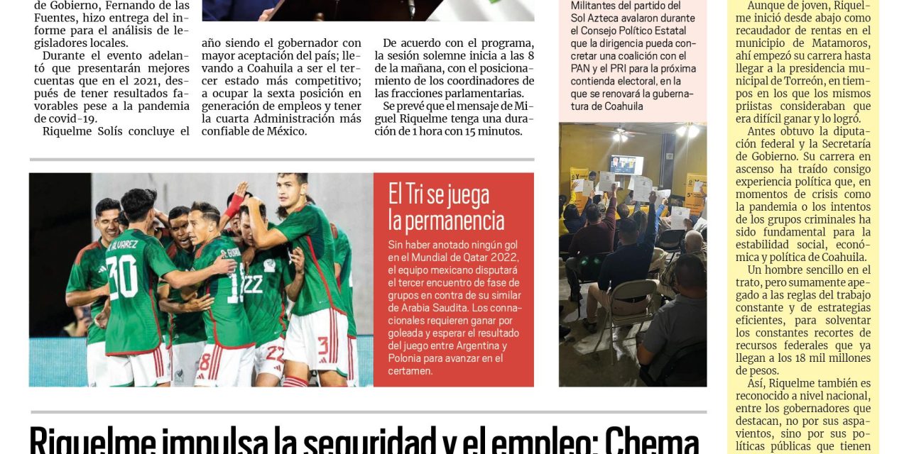 Portada RCG Media [30 de noviembre de 2022] MARS presenta Quinto Informe; Riquelme impulsa la seguridad y el empleo: Chema; el trabajo en equipo nos fortalece: Manolo y más…