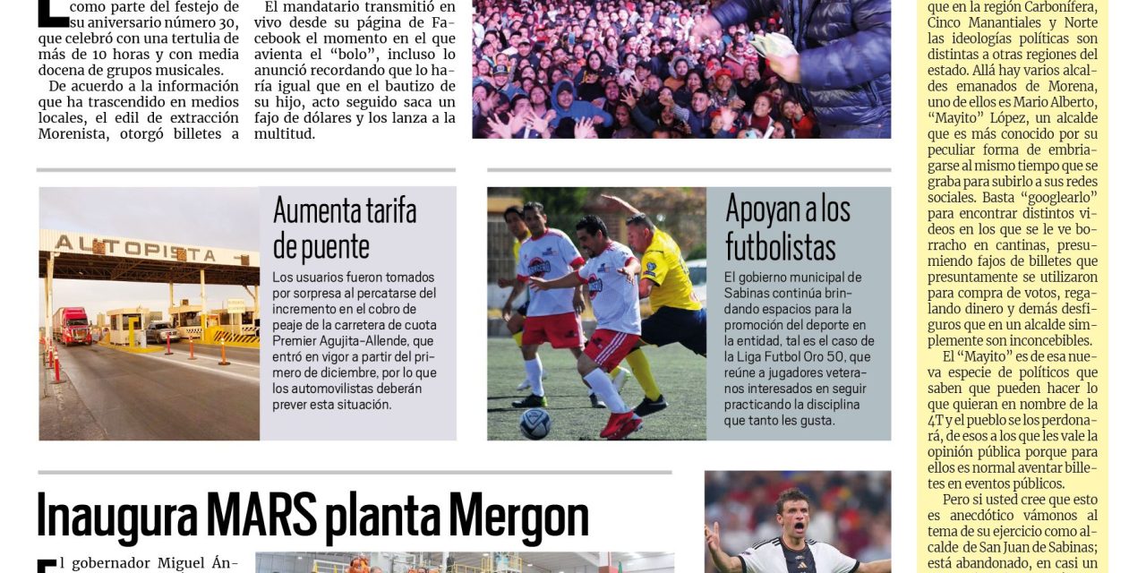 Portada Región Carbonífera [2 de diciembre de 2022] Alcalde de Morena reparte dinero; inaugura MARS planta Mergon y más…