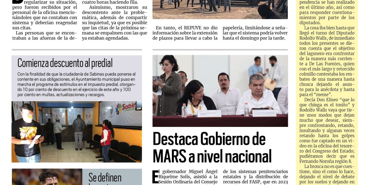 Portada Región Carbonífera [3 de diciembre de 2022] Falla sistema del REPUVE en Sabinas; Destaca Gobierno de MARS a nivel nacional y más…