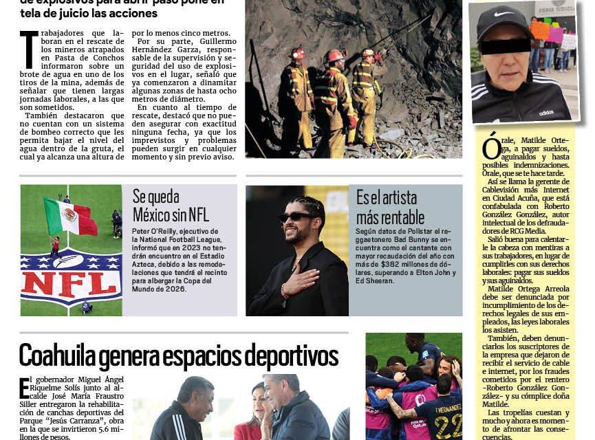 Portada Región Carbonífera [15 de diciembre de 2022] Se complica rescate en Pasta de Conchos; ‘Banquetazo Comercial’ deja derrama económica y más…