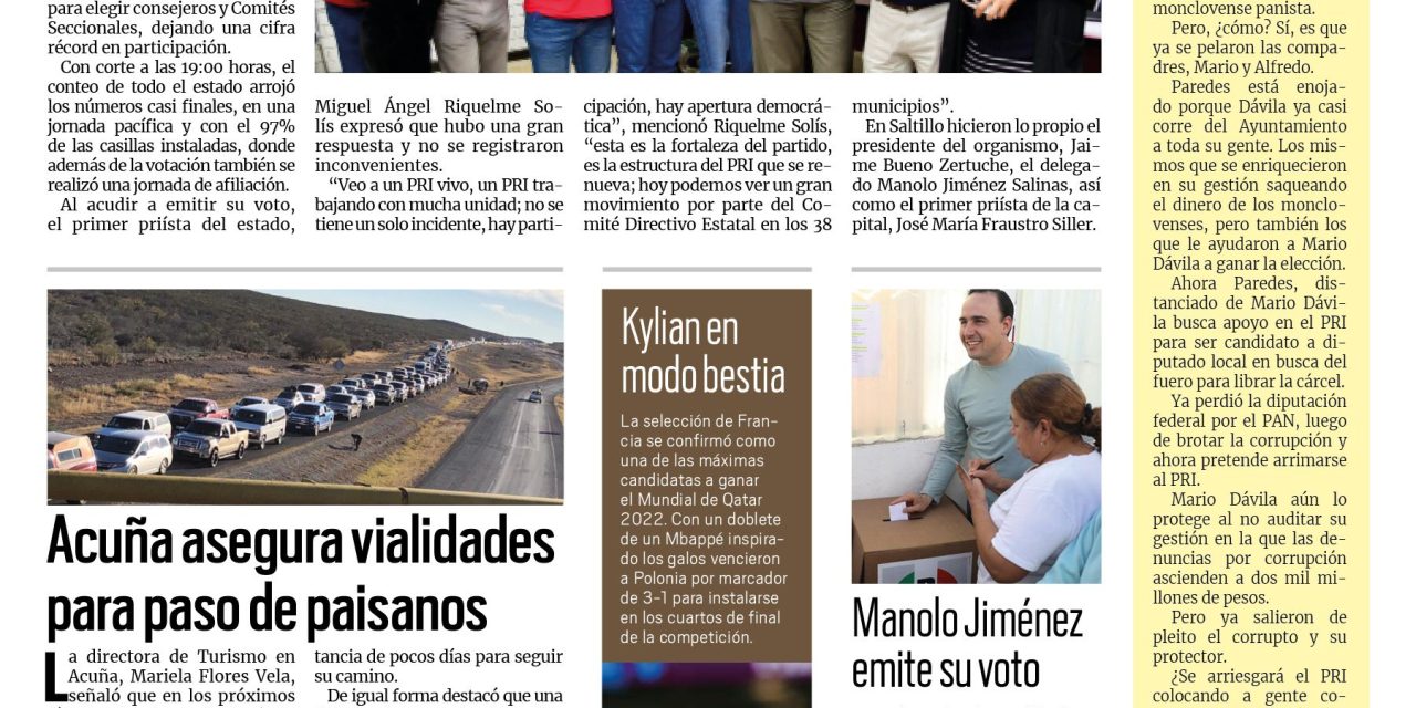 Portada Región Fronteriza [5 de diciembre de 2022] Más de 400 mil priístas eligen consejeros; Acuña asegura vialidades para paso de paisanos y más…