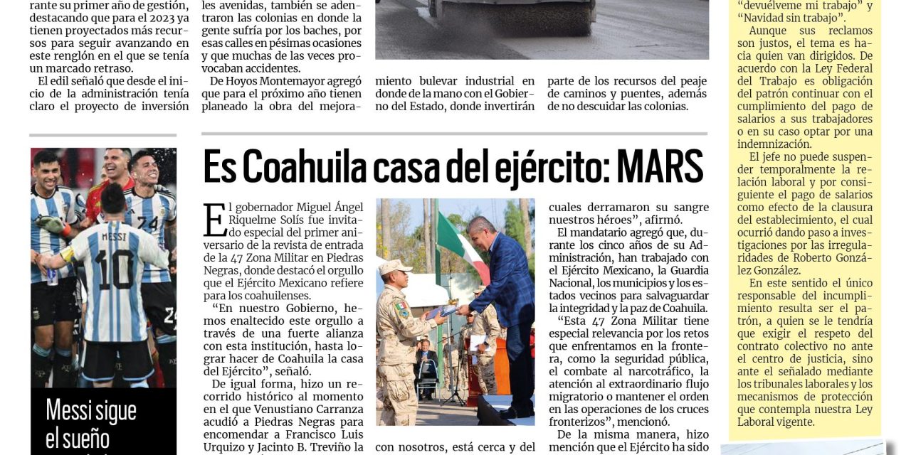Portada Región Fronteriza [14 de diciembre de 2022] Acuña invierte 87 mdp en pavimentación; OCV cambia directiva; y más…..