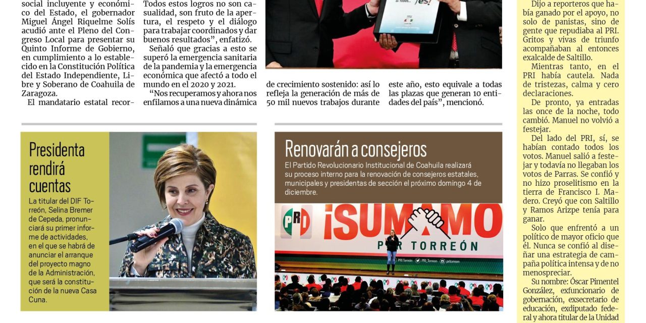 Portada Región Lagunera [1 de diciembre de 2022] Exhorta MARS a mantener el trabajo en unidad; concluye rehabilitación del lago y más…