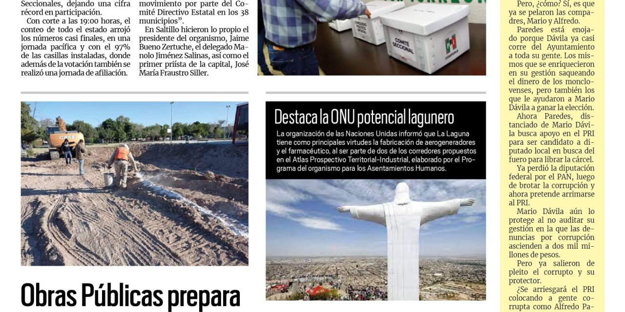 Portada Región Lagunera [5 de diciembre de 2022] Más de 400 mil priístas eligen consejeros; Obras Públicas prepara espacio en Torreón y más…