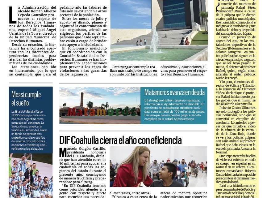 Portada Región Lagunera[19 de diciembre de 2022] Torreón promueve los Derechos Humanos; presentarán el libro ‘Remembranzas Pilar Rioja’ y más…