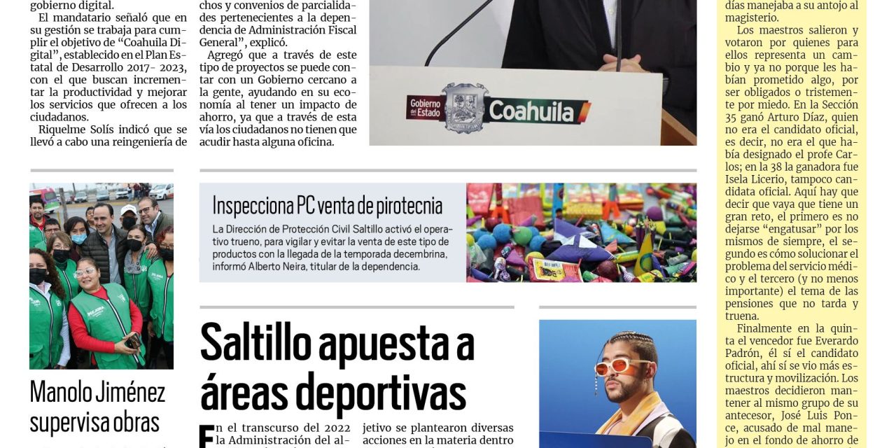 Portada RCG Media [11 de diciembre de 2022] Coahuila innova en trámites y procesos digitales: MARS; Chema Fraustro impulsa rehabilitación de áreas deportivas en Saltillo; y más…